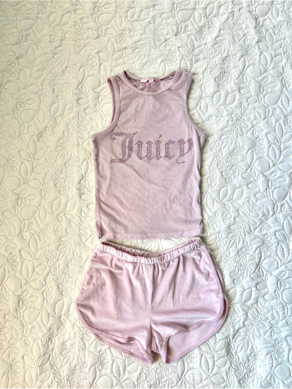 Juicy Couture Pink Velour Rhinestone Tank Shorts 2 Piece Set Size S